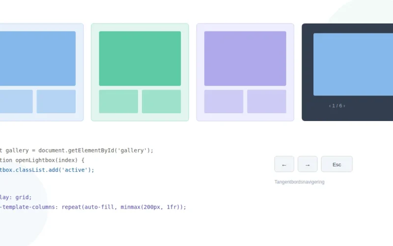 Bildgalleri med thumbnails i CSS Grid och en lightbox-vy med tangentbordsnavigering