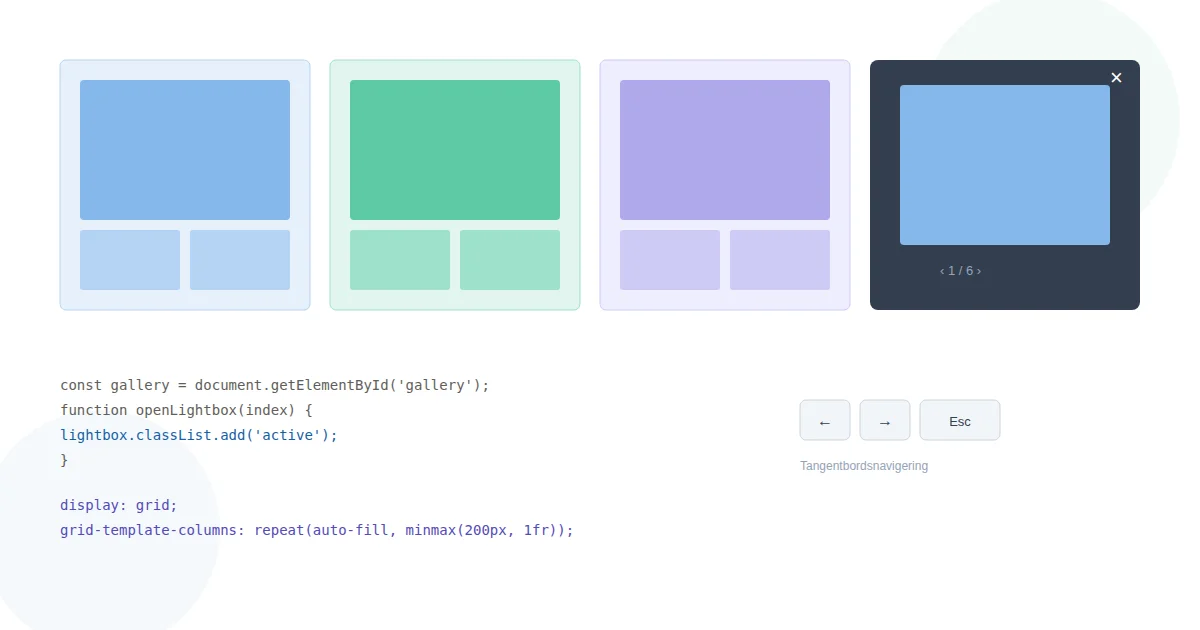 Bildgalleri med thumbnails i CSS Grid och en lightbox-vy med tangentbordsnavigering