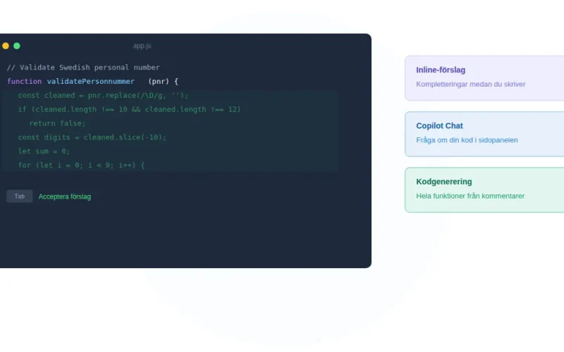 Kodredigerare med GitHub Copilots ghost-text-förslag och Tab-knapp för att acceptera