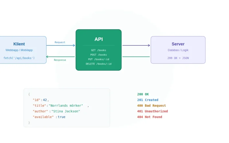 Flödesdiagram som visar klient, API och server med HTTP-metoder och JSON-svar