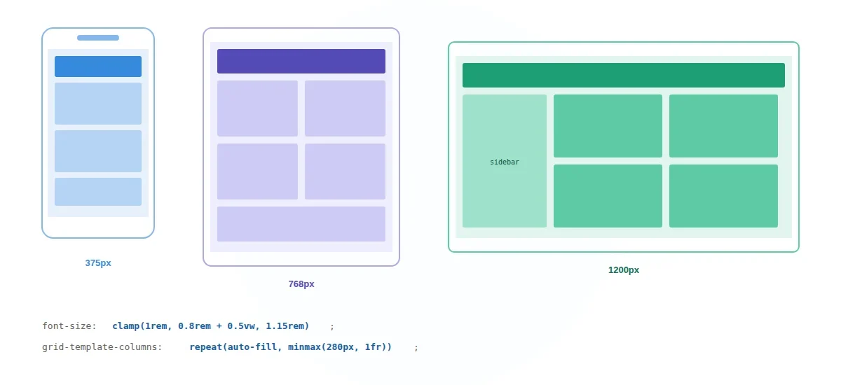 Responsiv layout visad på telefon, surfplatta och desktop med CSS Grid och clamp
