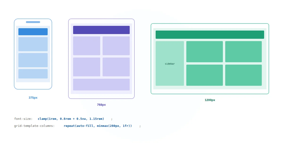 Responsiv layout visad på telefon, surfplatta och desktop med CSS Grid och clamp