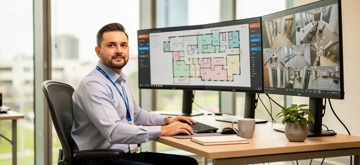 Säkerhetspersonal övervakar moderna övervakningssystem i ljust kontrollrum