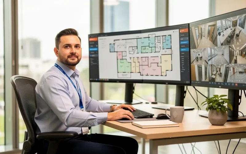 Säkerhetspersonal övervakar moderna övervakningssystem i ljust kontrollrum