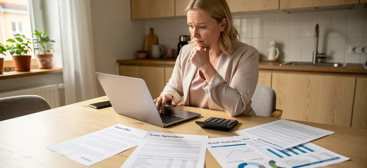 Person jämför låneerbjudanden vid köksbord med papper och dator