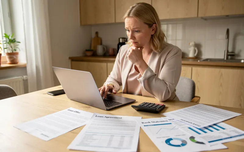 Person jämför låneerbjudanden vid köksbord med papper och dator