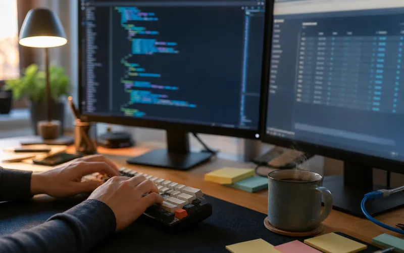 Utvecklare arbetar med web scraping-kod på datorn med JSON-data på skärmen