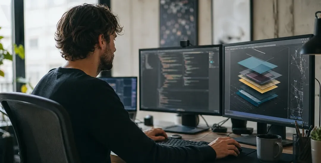 Kodeditor på ett skrivbord med mjukt sidoljus, representerar CSS-webbutveckling
