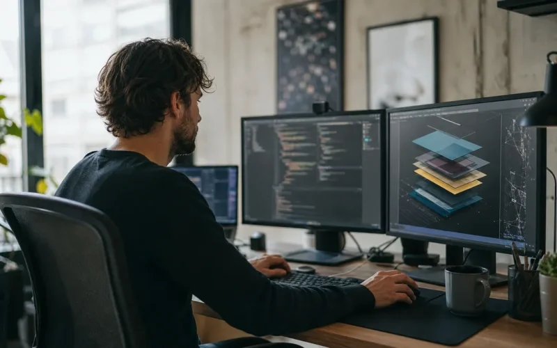 Kodeditor på ett skrivbord med mjukt sidoljus, representerar CSS-webbutveckling