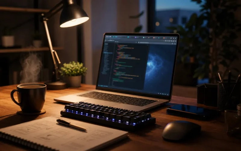 Utvecklarskrivbord med laptop och kod på skärmen i kvällsljus