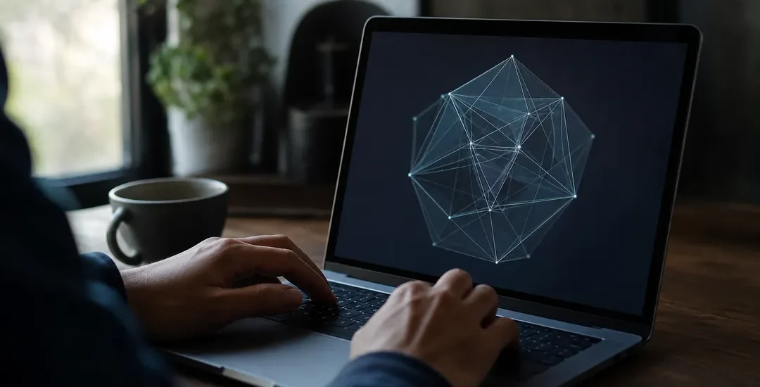 Monitor visar ett low-poly 3D-nät byggt av CSS-polygoner på ett utvecklarskrivbord