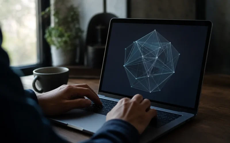Monitor visar ett low-poly 3D-nät byggt av CSS-polygoner på ett utvecklarskrivbord