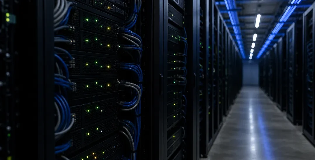 Serverrack i ett mörkt datacenter med blå LED-belysning och kablar