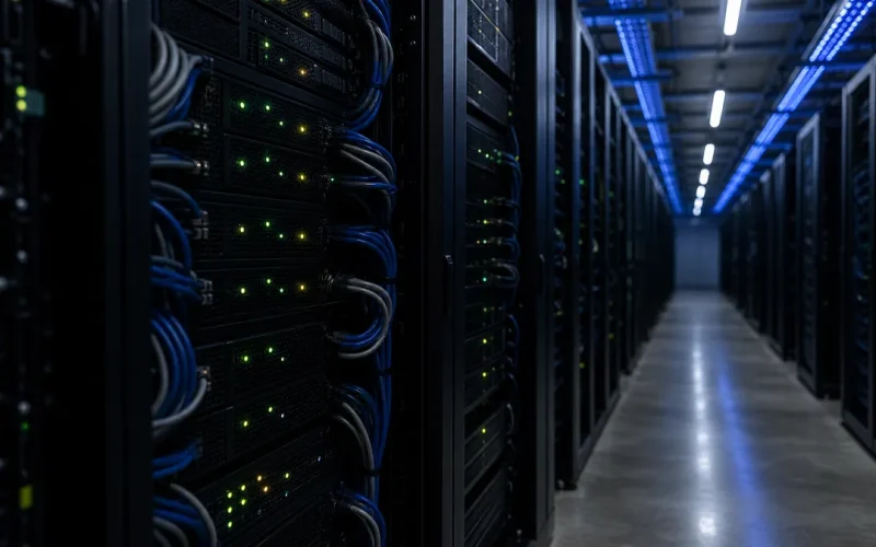 Serverrack i ett mörkt datacenter med blå LED-belysning och kablar