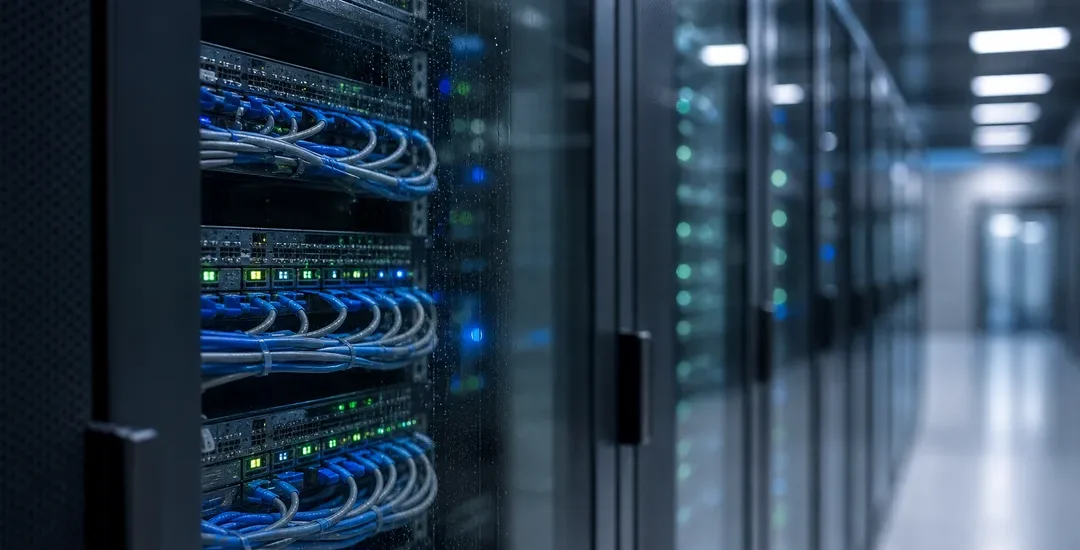 Serverrack i ett modernt datacenter med blå LED-belysning och kabelbuntar