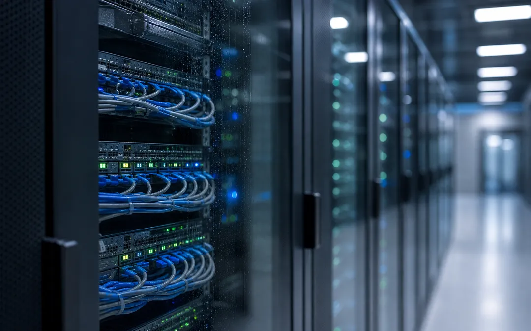 Serverrack i ett modernt datacenter med blå LED-belysning och kabelbuntar