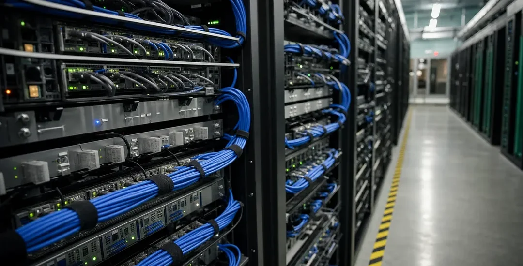 Serverrumskorridor med nätverkskablar och blinkande LED-indikatorer på rackenheter, symboliserar den osynliga infrastrukturen för autonoma AI-agenter