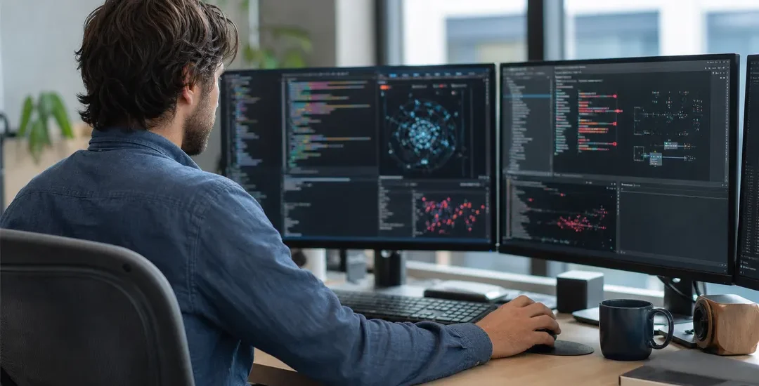 Kodredigerare med HTML och CSS på skärm bredvid webbläsarförhandsvisning, utvecklarskrivbord