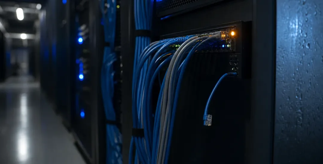 Serverrack med nätverkskablar, en kabel som hänger löst ur en switch