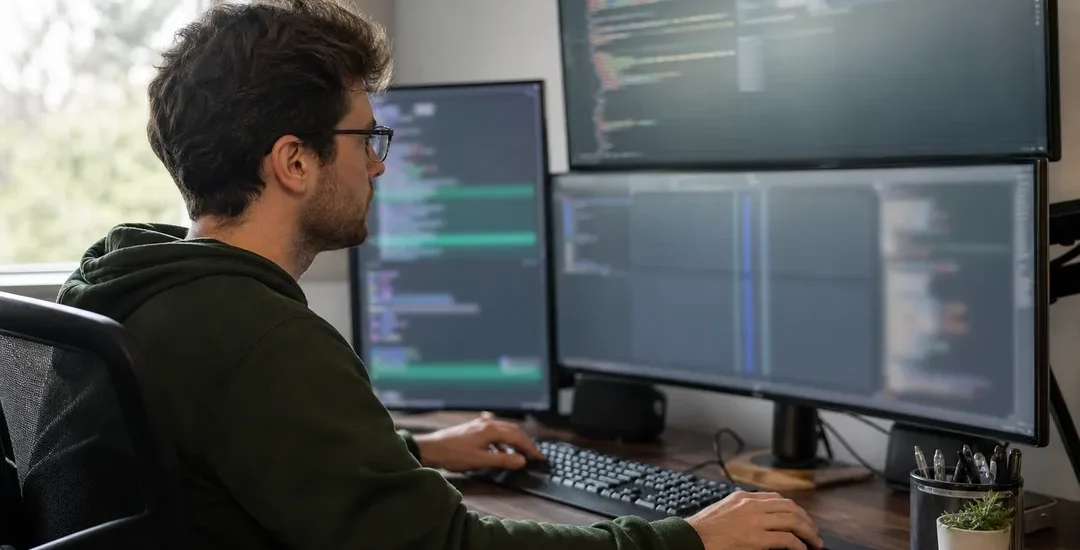 Utvecklararbetsplats med terminal och mekaniskt tangentbord i dämpat kontorsljus