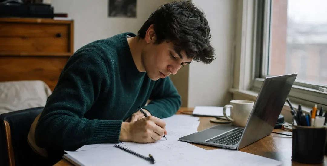 Tom studieplats med anteckningsblock och penna, matematikuppgifter på papper utan läsbar text