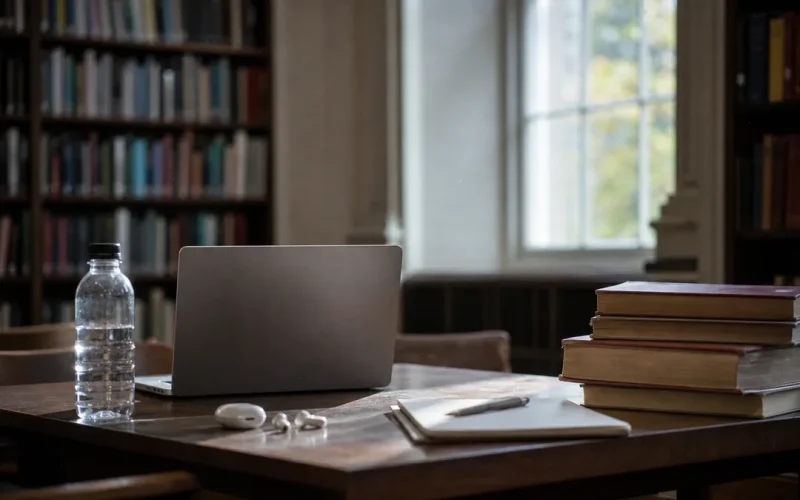 Bärbar dator och kurslitteratur på ett skrivbord i ett bibliotek