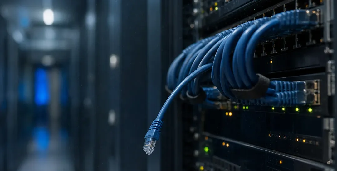 Löst nätverkskabel i ett serverrum, symbol för ett system som förlorar sin koppling
