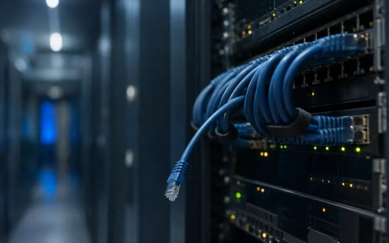Löst nätverkskabel i ett serverrum, symbol för ett system som förlorar sin koppling
