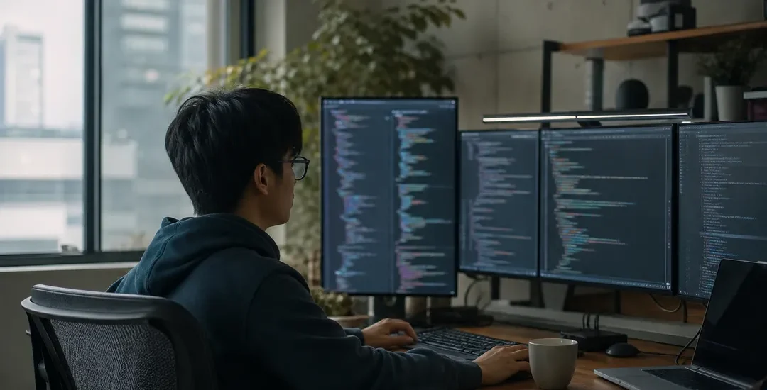 Terminalfönster och tangentbord i skymningsljus, symbol för AI-kodagenten Muse Code
