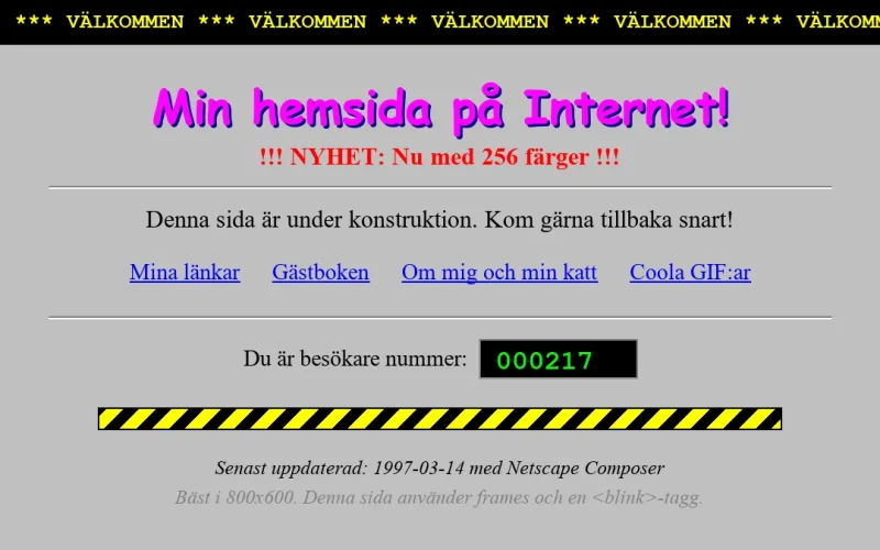 Typisk hemsida från 90-talet med blinkande text, Comic Sans och besöksräknare