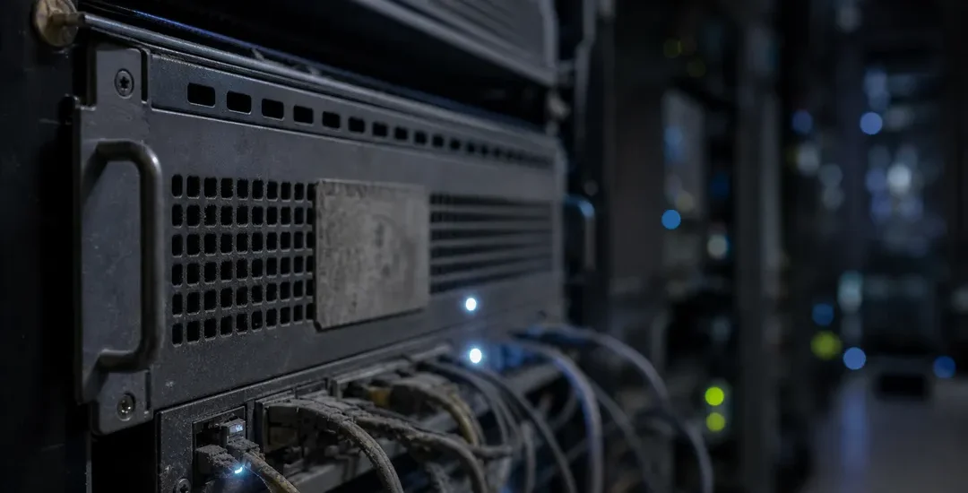 Gammal serverhårdvara i ett mörkt datacenter, symbol för föråldrade kryptografiska system