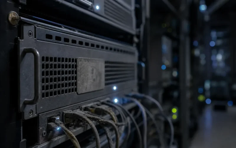 Gammal serverhårdvara i ett mörkt datacenter, symbol för föråldrade kryptografiska system