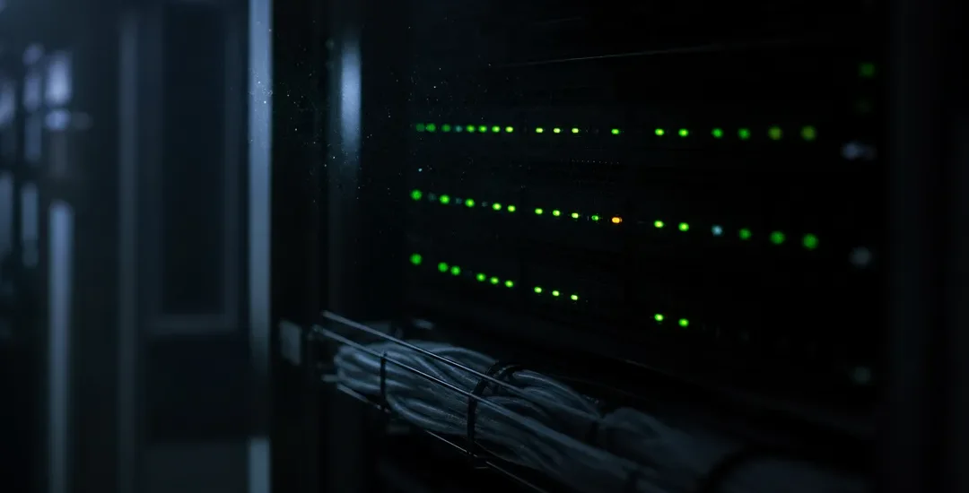 Serverrack i mörker med en ensam gul varningslampa bland gröna