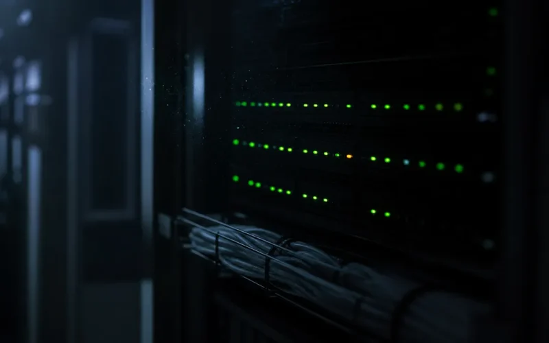 Serverrack i mörker med en ensam gul varningslampa bland gröna