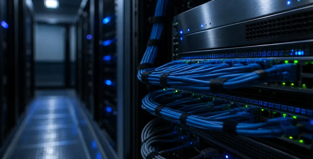 Serverkabinett med kablage som symboliserar databasanslutning i Appwrite 2.0