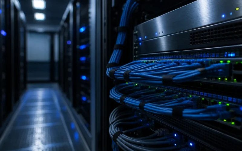 Serverkabinett med kablage som symboliserar databasanslutning i Appwrite 2.0