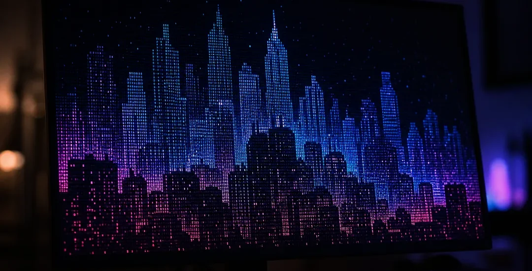 Terminalfönster som visar en cyberpunkstad ritad helt med ASCII-tecken
