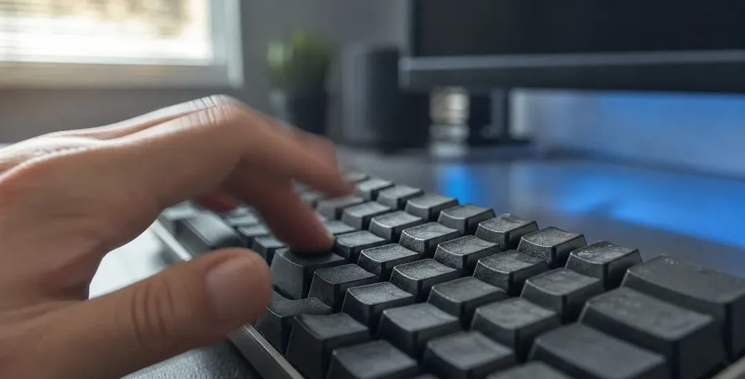 Hand som trycker på Tab-tangenten på ett mekaniskt tangentbord