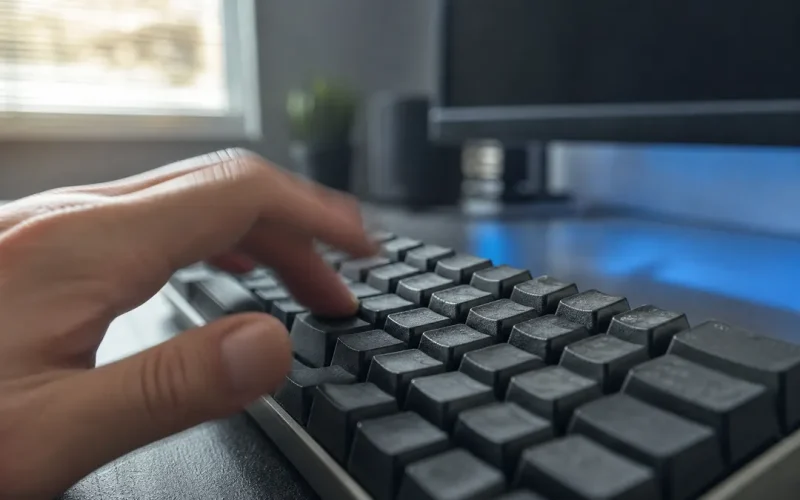 Hand som trycker på Tab-tangenten på ett mekaniskt tangentbord
