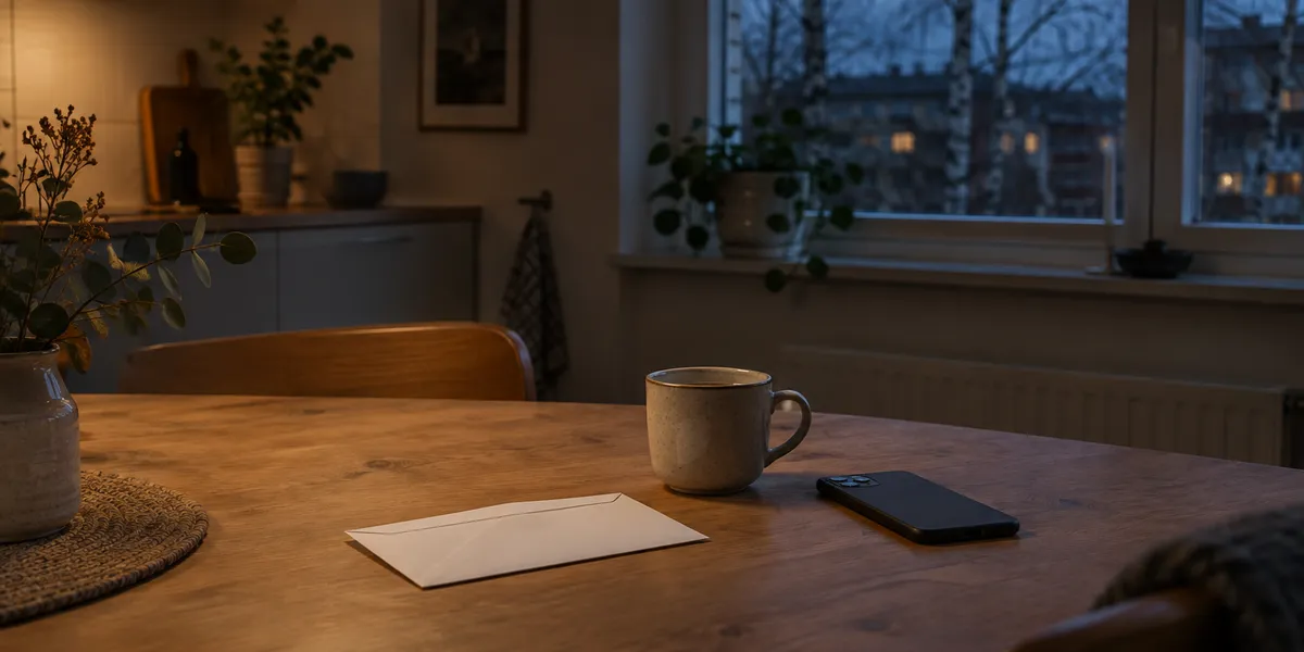 Köksbord i en svensk lägenhet en höstkväll med ett stängt kuvert, en kaffekopp och en mobiltelefon