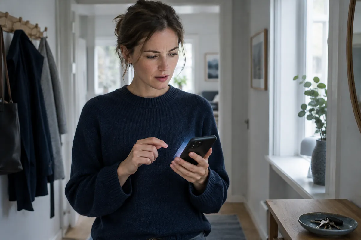 En kvinna i hallen tittar tveksamt på mobilen när ett okänt nummer ringer