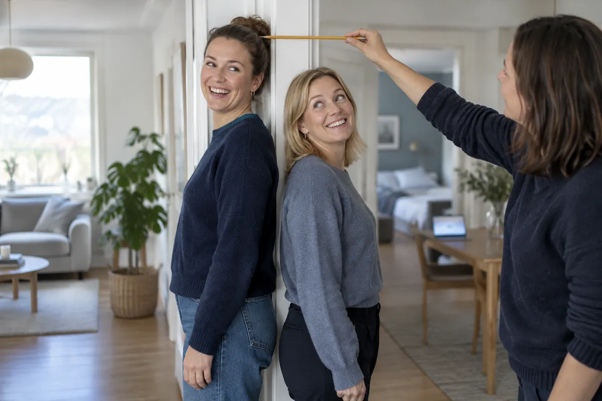 Två kvinnor står rygg mot rygg vid en dörrkarm och jämför vem som är längst