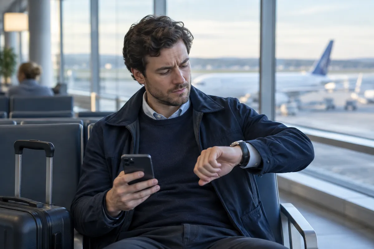 En man på flygplatsen jämför armbandsuret med mobilen för att förstå en avgångstid
