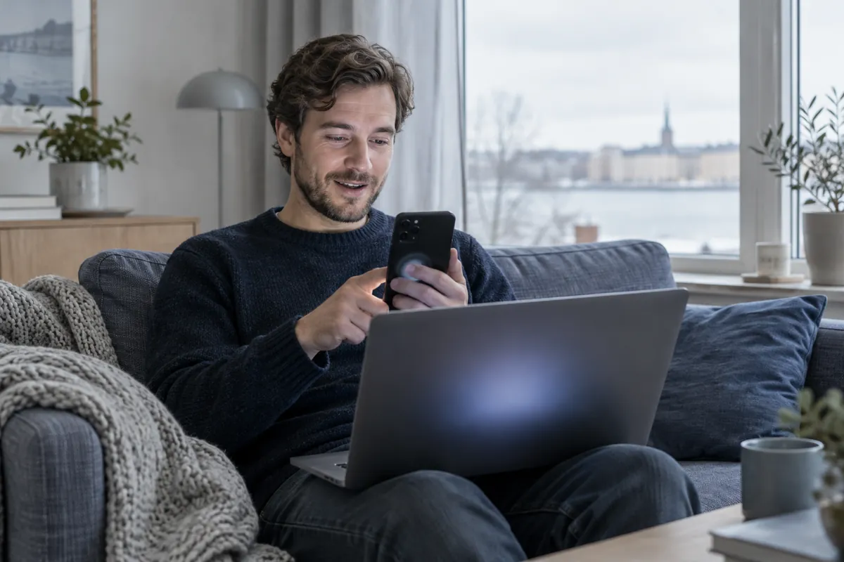 En man i soffan loggar in med fingeravtrycket på mobilen i stället för med ett lösenord